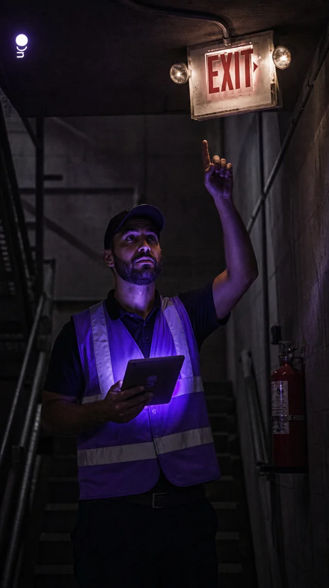 A community manager inspecting an exit light with a tablet